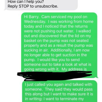 Brilliant Pools - Text exchange when I notified of lid left off pump - Pool Cleaners Near Me - Scottsdale, Arizona