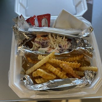 Wholey Cow - a sandwich and french fries in a styrofoam container - Food Trucks Near Me Wholey Cow - a sandwich and french fries in a styrofoam container - Food Trucks Near Me