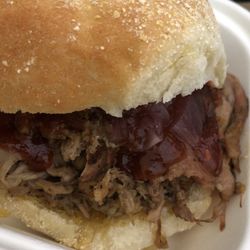 A great tasting pulled pork sandwich with pickled onions & BBQ sauce.
