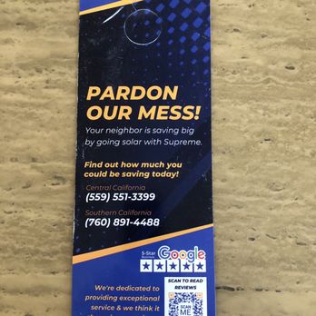 Supreme Solar - Door hanger with pertinent information about Supreme Solar & Electric - Solar Installation Near Me - Palm Desert, California Supreme Solar - Door hanger with pertinent information about Supreme Solar & Electric - Solar Installation Near Me - Palm Desert, California