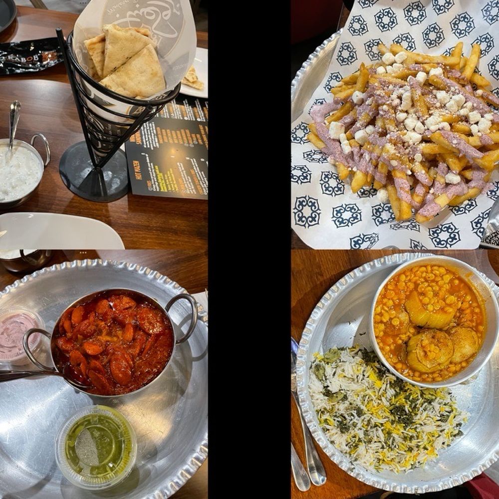 Boro Kabob - Pita, tzatziki, fries with feta & sumac sauce, Sosis Bandari lightly-spicy beef sausage in sauce, Gheymeh Bademjan beef split-pea stew - Middle Eastern Near Me - Ellicott City, Maryland Boro Kabob - Pita, tzatziki, fries with feta & sumac sauce, Sosis Bandari lightly-spicy beef sausage in sauce, Gheymeh Bademjan beef split-pea stew - Middle Eastern Near Me - Ellicott City, Maryland