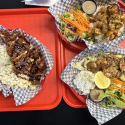 Vulcan Hawaiian BBQ - Chicken katsu, Salmon bites, and garlic shrimp - 10/10 for each one!