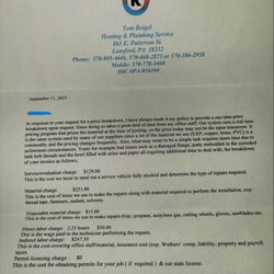 Tom Reigel Heating & Plumbing Service - This is how he prices his work.. So upsetting that people like this are in business to extort money from others.