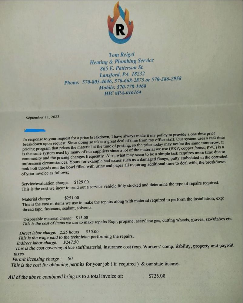 Slide of Tom Reigel Heating & Plumbing Service