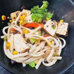 Genghis Grill - If you want udon noodles ,you MUST ADD THEM IN THE BOWL, reducing the amount of meat & veg.
