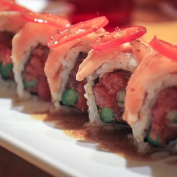 Chobop - Kaboom Roll:  Inside -- Spicy Tuna, Asparagus, Cucumber, Outside -- Seared Salmon and Red Jalapeño, Sauce -- Ponzu Sauce. - Sushi Bars Near Me - Costa Mesa, California