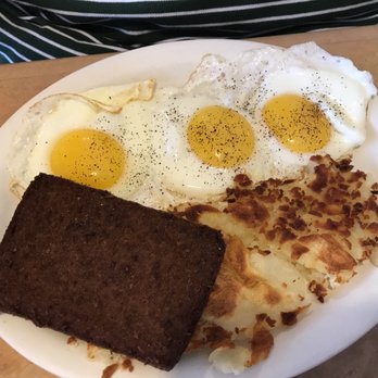 Andonio's Diner - 3 perfectly cooked sunny side up eggs with home fries and scrapple. - Diners Near Me - Philadelphia, Pennsylvania Andonio's Diner - 3 perfectly cooked sunny side up eggs with home fries and scrapple. - Diners Near Me - Philadelphia, Pennsylvania