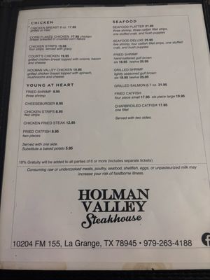 Menu photo 2 Holman Valley Steakhouse La Grange, TX Menu photo 2 Holman Valley Steakhouse La Grange, TX