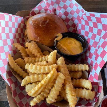 Burger Press - Burger with fries and cheese cup - Burgers Near Me - Edina, Minnesota