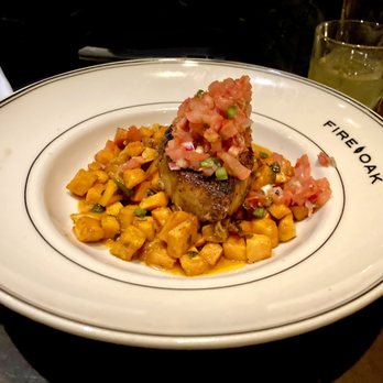 Fire & Oak - Blackened swordfish with sweet potatoes. - New American Near Me - Montvale, New Jersey Fire & Oak - Blackened swordfish with sweet potatoes. - New American Near Me - Montvale, New Jersey