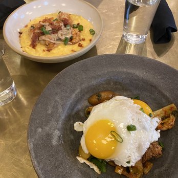 Falling Rabbit - Shrimp and grits, brisket kimchi with potatoes - New American Near Me - Duluth, Georgia