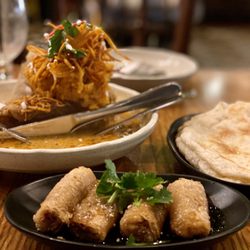 Kinn -Thai Restaurant - Crab n prawn rolls.  Massaman lamb shanks and roti
