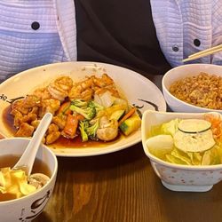 Sakura Japanese Steak House - Shrimp and Chicken Hibachi chicken shrimp with salad and Mushroom Soup