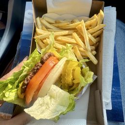 Cheeseburger protein style with extra veggies and light well fries.
