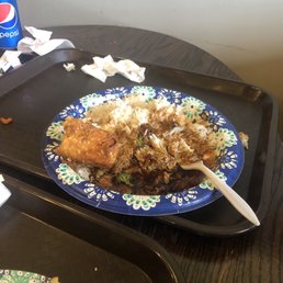 Chicken Broccoli with white rice and burnt egg roll.