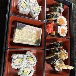 Shu's Sushi Bar & Grill - California roll, spicy salmon roll, and shrimp tempura roll