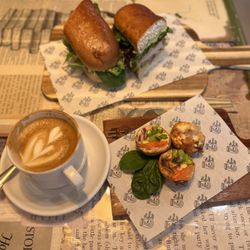 The Bean Jar - Three mini quiches, turkey, BLT sandwich and flat white coffee. Delicious!