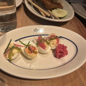 Blue Ribbon - Deviled eggs (jalapeños & pickled onions) - New American Near Me - Las Vegas, Nevada Blue Ribbon - Deviled eggs (jalapeños & pickled onions) - New American Near Me - Las Vegas, Nevada