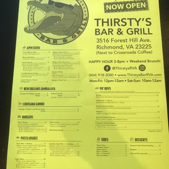 Thirsty's RVA - Thirsty's is my new favorite neighborhood bar/Cajun restaurant/gay-ish hangout. This is their new to go menu - American Near Me - Richmond, Virginia