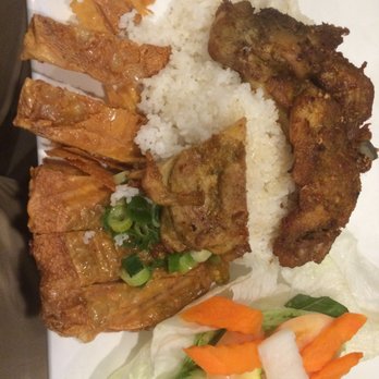 Pho Countryside - Lemon Grass chicken (right) with Shrimp tofu (left) rice plate - Vietnamese Near Me - Quincy, Massachusetts
