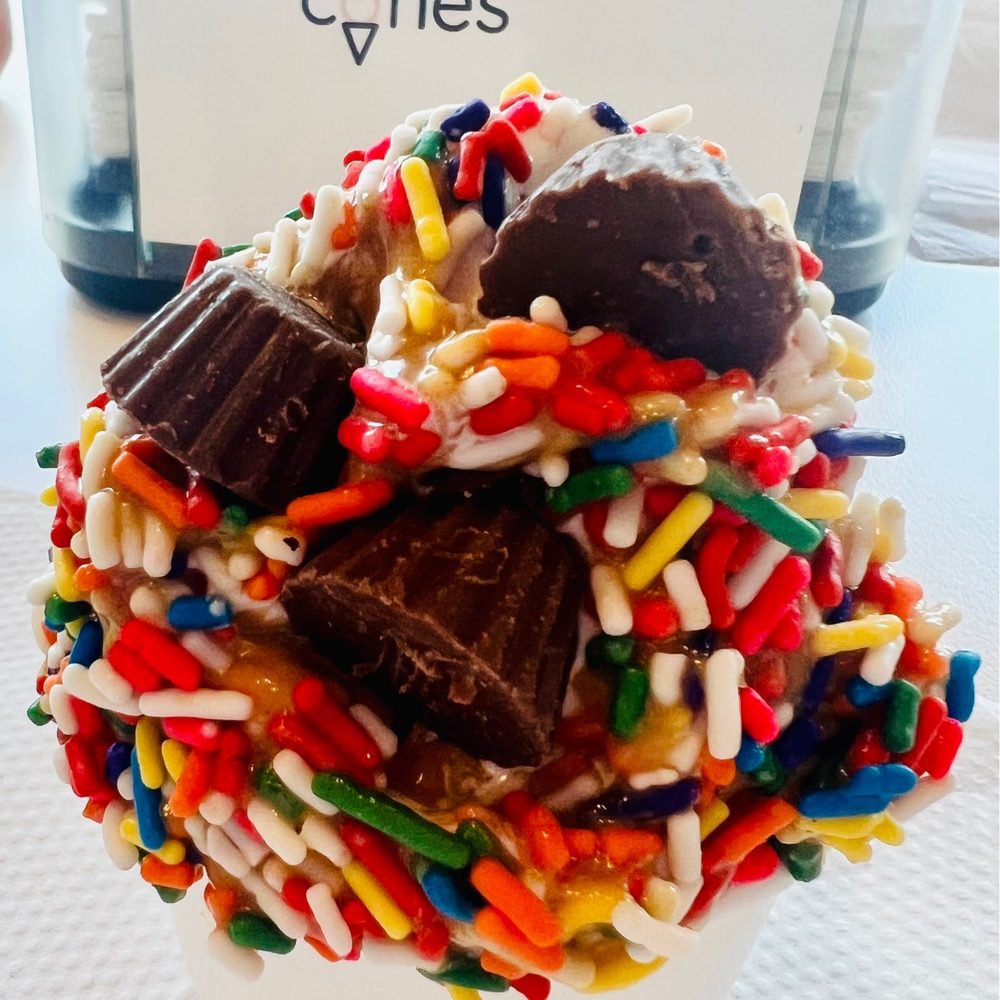 Countryside Cones - Ice cream! Crest your own. VA Niall custard, peanut butter drizzle, dipped in sprinkles with mini Reese's cups on top. - Ice Cream & Frozen Yogurt Near Me - Omaha, Nebraska