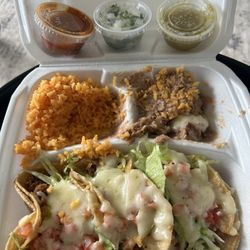 Taco & Burrito Express - Steak Taco Dinner - Onion and Cilantro extra Green and Red sauce