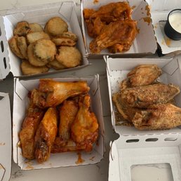 Fried Pickles, Asian Zing, Lemon Pepper (Dry Seasoning), and Mild wings.