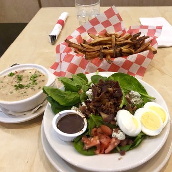 Over the Counter - Thai chicken peanut soup, Spinach salad and fresh cut french fries! - New American Near Me - Worthington, Ohio