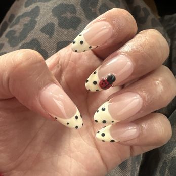 Slay Nails & Spa - Butter yellow French tip polkadot nails with ladybug on top absolutely obsessed - Nail Technicians Near Me - Torrance, California Slay Nails & Spa - Butter yellow French tip polkadot nails with ladybug on top absolutely obsessed - Nail Technicians Near Me - Torrance, California