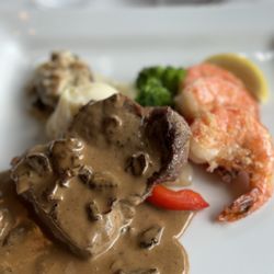 Hula Garden at Kahalu'u Pond By Michel's - Main course trio... Kona abalone, garlic shrimp and striploin steak. DELICIOUS!!!!
