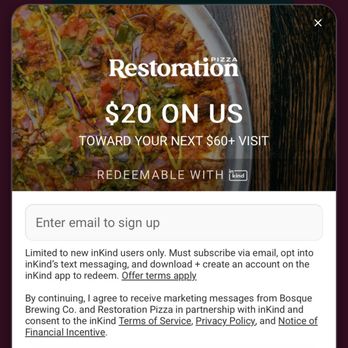 Restoration Pizza - Offer that doesn't work with gift cards. Cass was less than useless "helping" us out - Pizza Near Me - Albuquerque, New Mexico