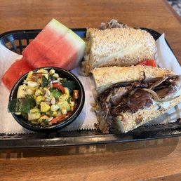 Philly cheesesteak, Summer Corn Succotash and watermelon Philly cheesesteak, Summer Corn Succotash and watermelon