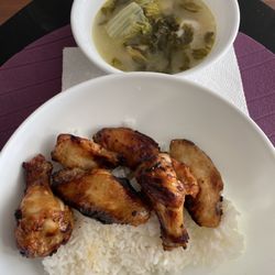 Airfry the honey garlic wings. Served with rice and pickled fish soup.