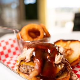 Grille 22 - Barbecue burger with onion rings - burger, food, burgers - New American Near Me - Guin, Alabama