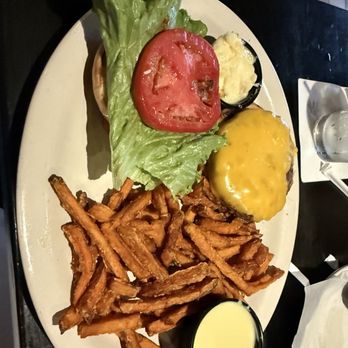 Stone Ridge Tavern - Classic burger and sweet potato fries - American Near Me - Asheville, North Carolina Stone Ridge Tavern - Classic burger and sweet potato fries - American Near Me - Asheville, North Carolina