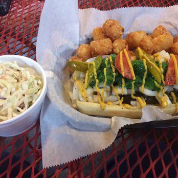 Frankie's Dawg House - Chicago dog with tots and slaw. So good!! - Hot Dogs Near Me - Baton Rouge, Louisiana Frankie's Dawg House - Chicago dog with tots and slaw. So good!! - Hot Dogs Near Me - Baton Rouge, Louisiana