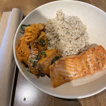 Flower Child - Salmon grilled with brown rich and sweet potato Red Chile Glazed Sweet Potato - Salad Near Me - Phoenix, Arizona Flower Child - Salmon grilled with brown rich and sweet potato Red Chile Glazed Sweet Potato - Salad Near Me - Phoenix, Arizona
