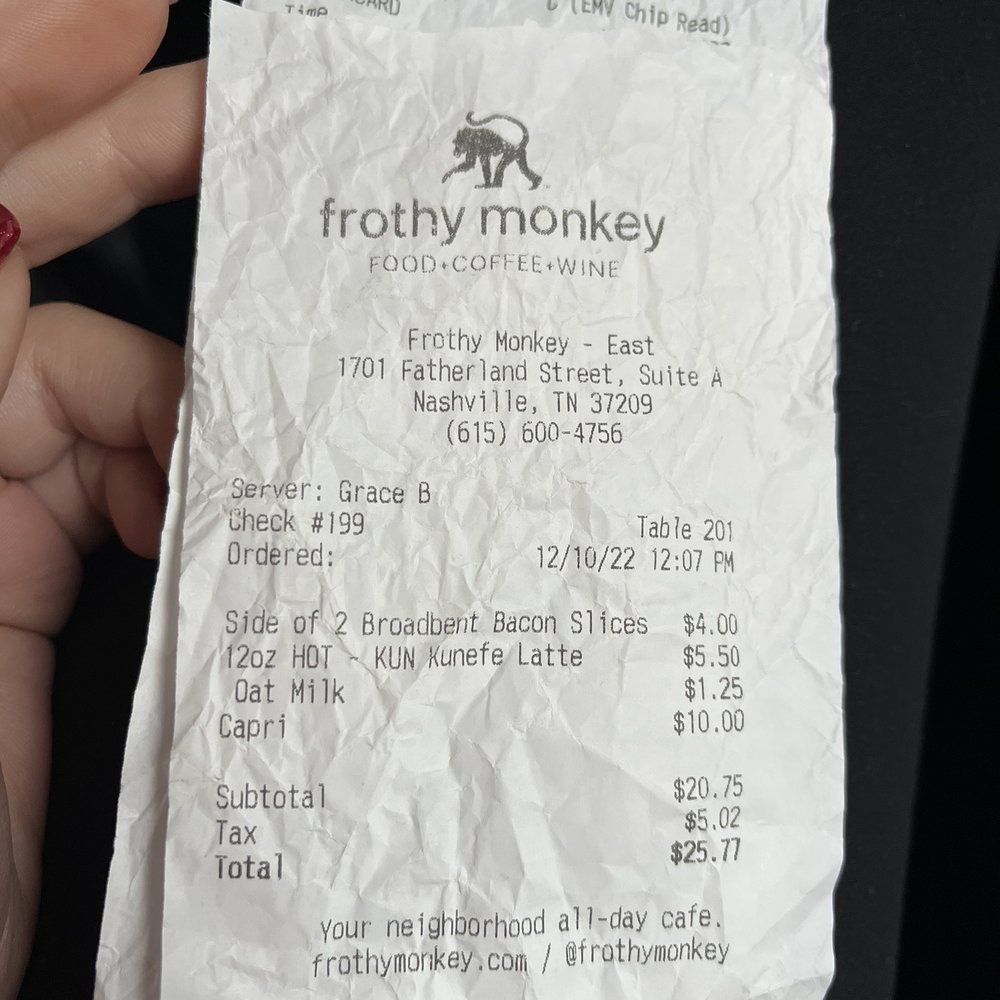 Frothy Monkey - Receipt with 24% tax - Coffee & Tea Near Me - Nashville, Tennessee