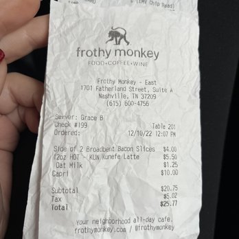 Frothy Monkey - Receipt with 24% tax - Coffee & Tea Near Me - Nashville, Tennessee