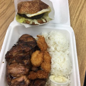 Bob's Bar-B-Que - Teri chicken combo with fried shrimp and a side of Fat Boy burger (teri burger with fried egg) - Barbeque Near Me - Honolulu, Hawaii Bob's Bar-B-Que - Teri chicken combo with fried shrimp and a side of Fat Boy burger (teri burger with fried egg) - Barbeque Near Me - Honolulu, Hawaii