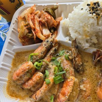 Wake Up Delicious - Garlic Shrimp dipped in sauce with rice and Kimchi as a side - Hawaiian Near Me - Hanalei, Hawaii