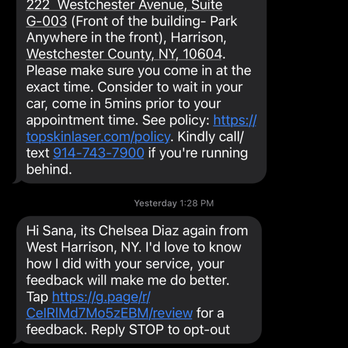 Top Aesthetics Laser - Text asking to leave a review - Skin Care Near Me - West Harrison, New York Top Aesthetics Laser - Text asking to leave a review - Skin Care Near Me - West Harrison, New York