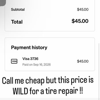 Cesar’s tires - Receipt..  $40 + $5 card processing fee! Wild! - Tires Near Me - Daly City, California