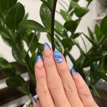 Divine Nails And Lashes - Blue Dip Powder Marble French Tip with Rhinestones - Nail Salons Near Me - Irvine, California