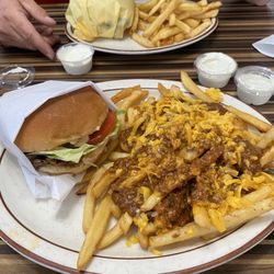 Tom's Family Restaurant - Mushroom Swiss burger and chili cheese fries.