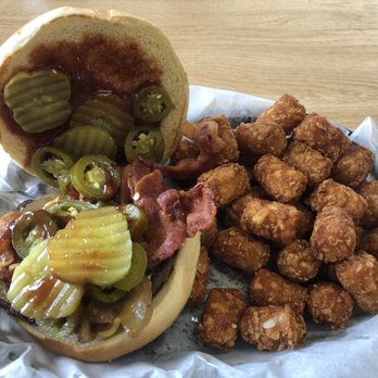 Lulu's Burgers - Texas BBQ Bacon Burger. Added pickles. The tots were way over cooked and tasted like old grease :-/ - Burgers Near Me - Commerce, Texas