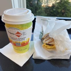Hampton Coffee Company - Chai Latte and egg and bacon breakfast sandwich