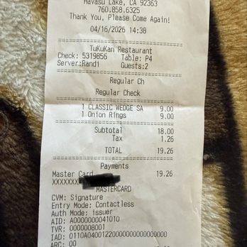 Tukukan Restaurant - Receipt - New American Near Me - Havasu Lake, California