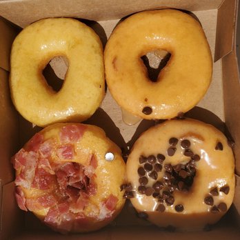 Daybreak Donuts - Bottom- left to right: Bacon Bomb, Peanut Butter Cup Top - left to right: Marharita, Salted Carmel - Donuts Near Me - Surf City, North Carolina