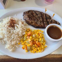 Meat Plus Cafe - New york steak with garlic rice and vegetables